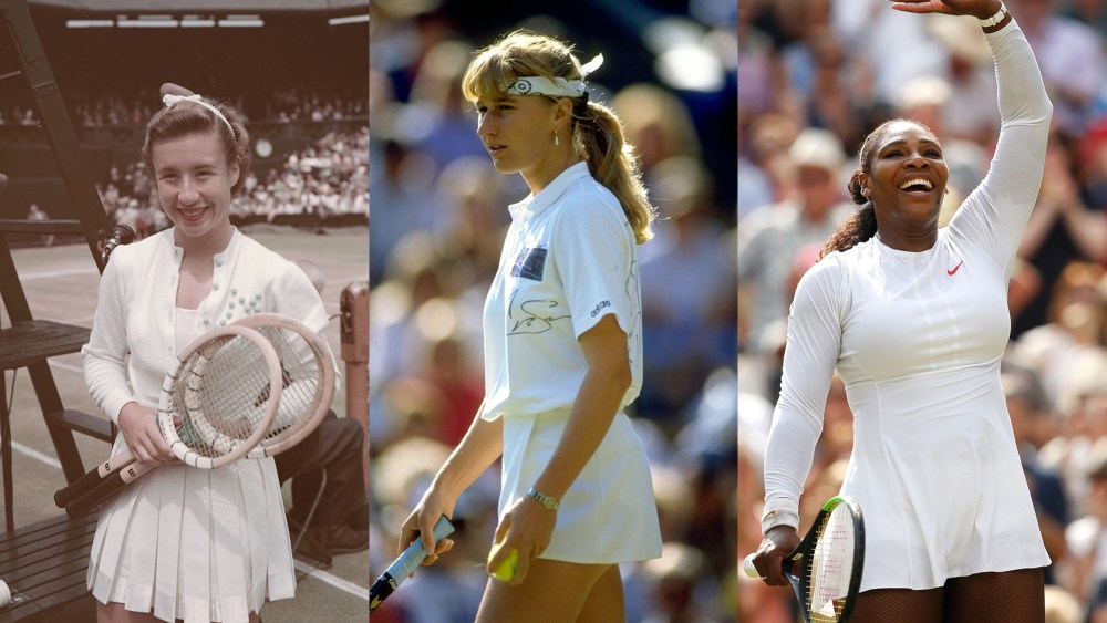 (L-R) Maureen Connolly, Stefi Graff and Serena Williams at Wimbledon in 1952, 1990 and 2018.