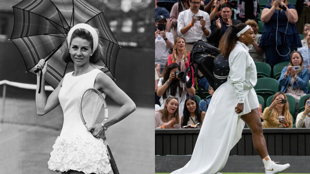 (L) Italian tennis star Lea Pericoli wearing a rose-trimmed tennis dress designed by British sportwear designer Teddy Tinling at Wimbledon. (R) Serena Williams of The United States walks onto centre court ahead of her Ladies' Singles First Round match against Aliaksandra Sasnovich of Belarus during Day Two of The Championships - Wimbledon 2021 at All England Lawn Tennis and Croquet Club on June 29, 2021 in London.