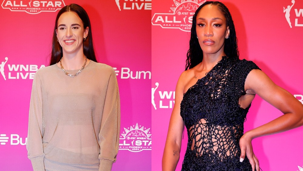 Catilin Clark, left, and A'ja Wilson #22 of the Las Vegas Aces walks the orange carpet in outfits during the 2024 WNBA All-Star Weekend at Phoenix Convention Center on July 18, 2024 in Phoenix, Arizona.