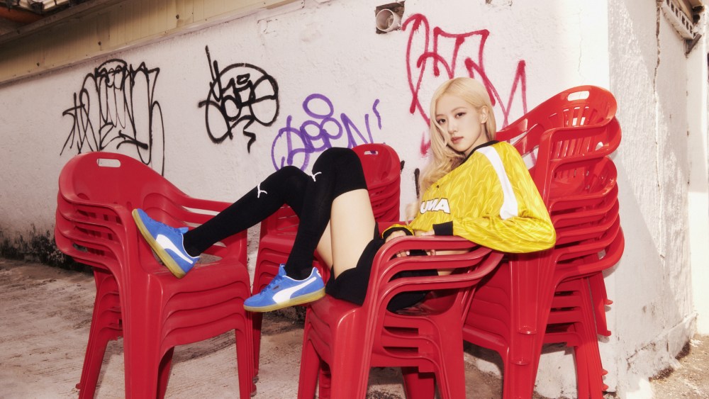 Rosé wears cobalt blue Puma Palermo sneakers in her first campaign for the German sportswear giant.
