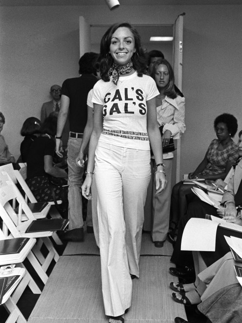 A t-shirt that reads 'Cal's Gal's' in the Calvin Klein resort 1974 ready to wear runway show.