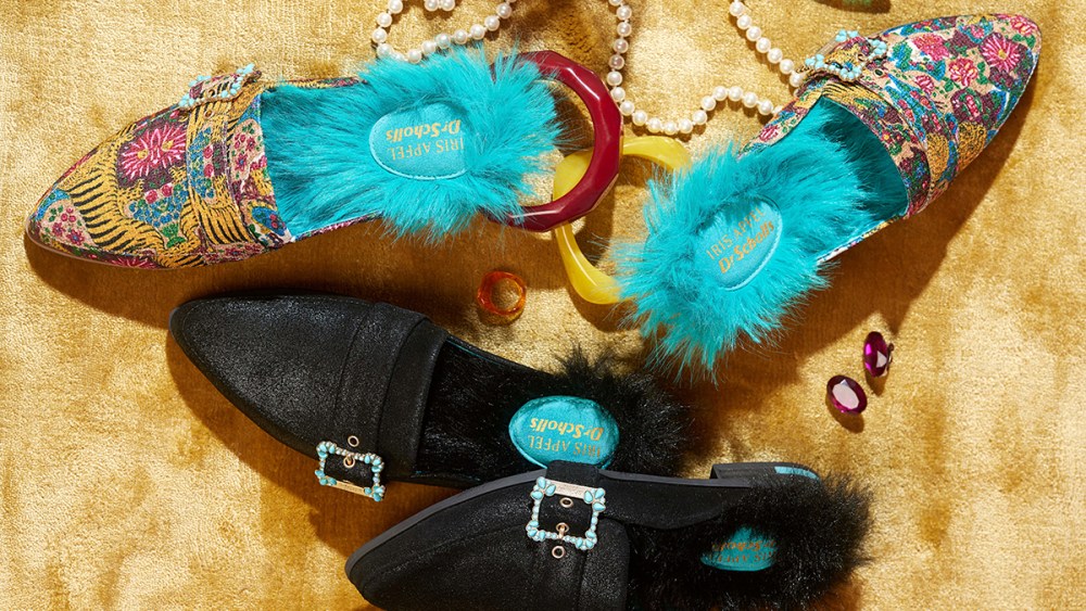 Iris Apfel, Dr Scholls Shoes, collaboration, shoes, mules, sneakers, Iris Apfel fashion, Iris Apfel shoes, clogs