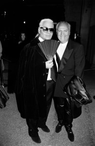 Karl Lagerfeld and Gianni Versace attend The Metropolitan Museum of Art Costume Institute’s "Haute Couture" exhibition and gala on Dec. 6, 1995.