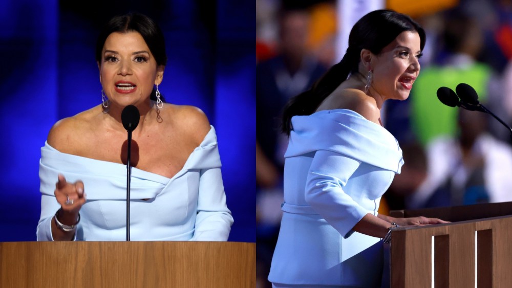 Ana Navarro speaks during the second day of the Democratic National Convention on Aug. 20 in Chicago, Safiyaa, powder blue dress, off-the-shoulder