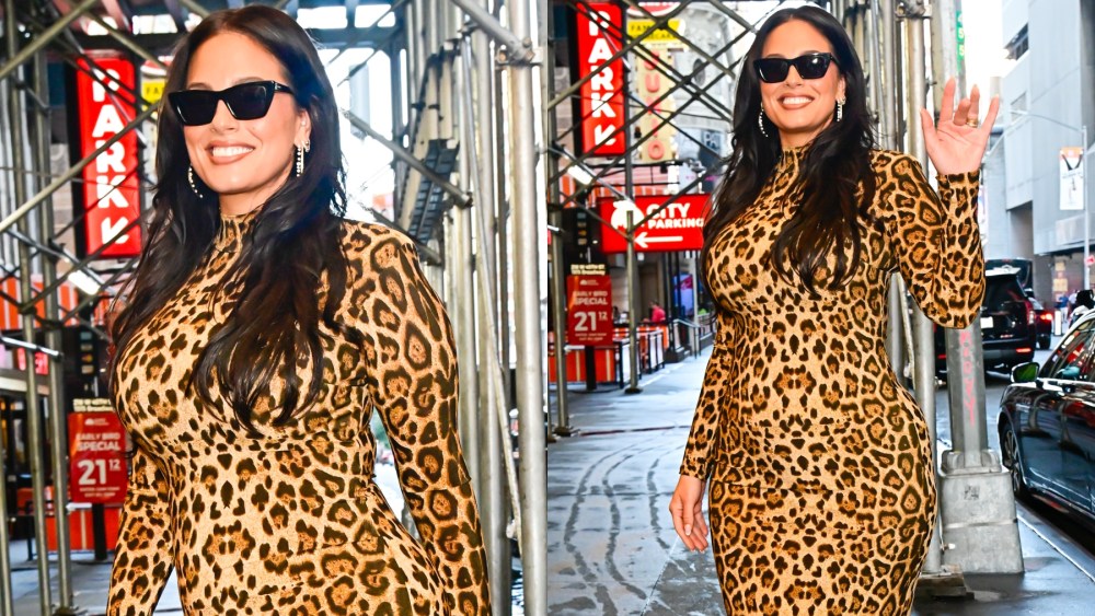 Ashley Graham arrives at "CBS Mornings" on Aug. 12 in New York, leopard print dress, cat-eye sunglasses, mob wife trend