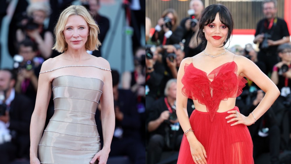 Cate Blanchett and Jenna Ortega attend the red carpet premiere of "Beetlejuice Beetlejuice" during the 2024 Venice Film Festival on Aug. 28, Armani Privé, Lydia Deetz, wedding dress