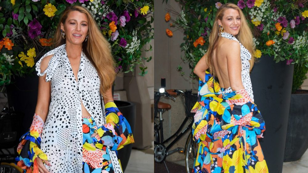 versace dress, blake lively outfit, christopher john rogers halter top, colorful coat