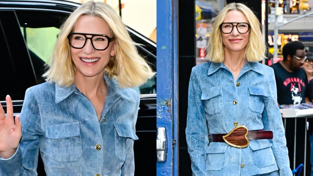 Cate Blanchett arrives at "Good Morning America" on Aug. 5 in New York, blue velvet, denim, Brandon Maxwell