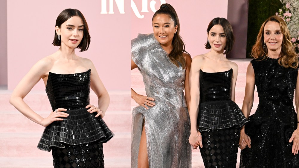 Lily Collins, Ashley Park and Philippine Leroy-Beaulieu at the "Emily in Paris" Season 4, Part 1 premiere on Aug. 14 in Los Angeles, Armani Privé, Schiaparelli, Lever Couture, Manolo Blahnik, red carpet, Cartier