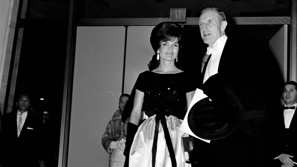Jacqueline Onassis and guest arrives for a performance at Lincoln Center for the Performing Arts in New York.