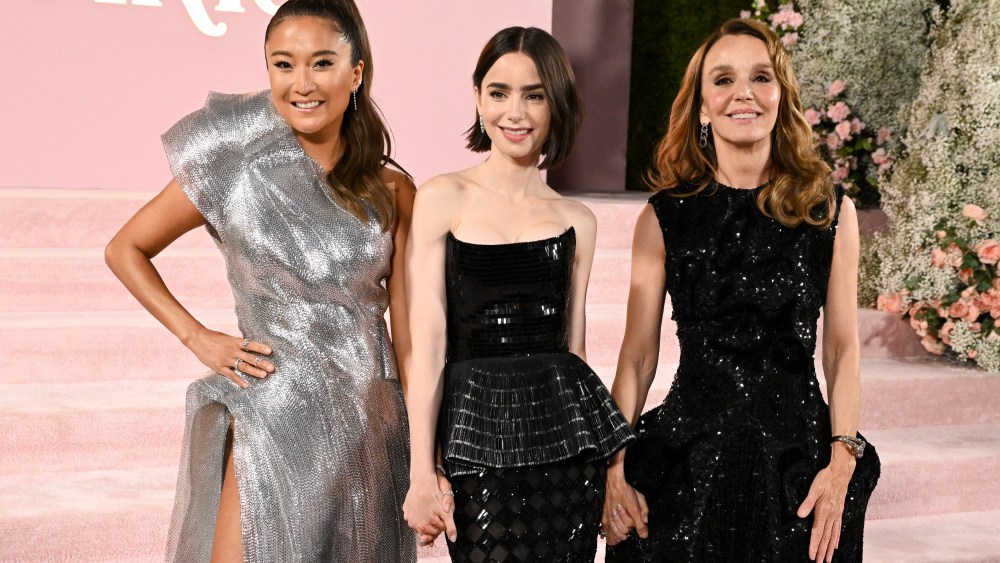 Ashley Park, Lily Collins and Philippine Leroy-Beaulieu at the “Emily in Paris” Season 4, Part 1 Premiere held at The Egyptian Theatre Hollywood on August 14, 2024 in Los Angeles, California.