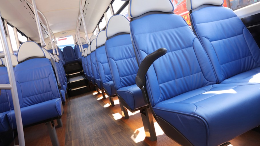 Gen Phoenix recycled leather featured on bus seats.
