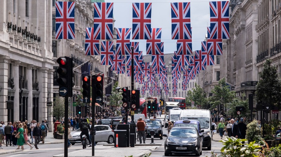 Union Flags hanging high above Regent Street in celebration of Queen Elizabeth II's Platinum Jubilee.