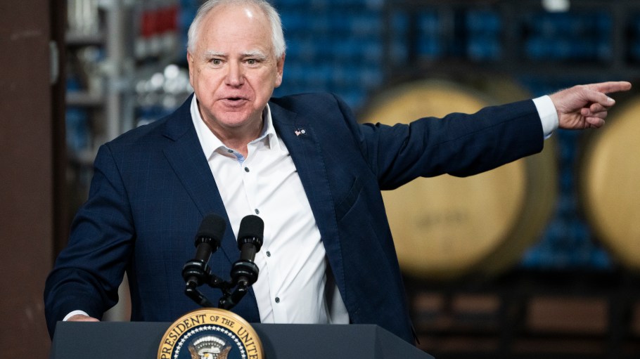 SUPERIOR, WISCONSIN - JANUARY 25: Minnesota Governor Tim Walz speaks about funding for the I-535 Blatnik Bridge before a visit by U.S. President Joe Biden at Earth Rider Brewery on January 25, 2024 in Superior, Wisconsin. Biden touched on his economic agenda and recent federal funding for infrastructure projects.