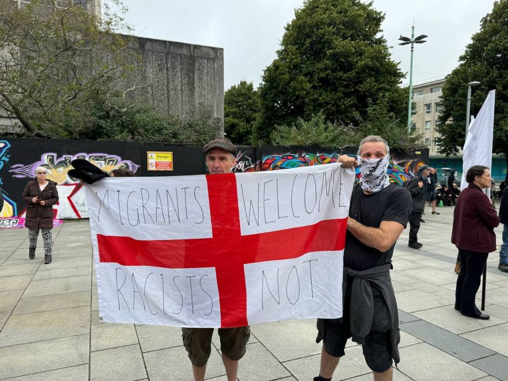 PLYMOUTH, UNITED KINGDOM - AUGUST 05: Anti-racism activists gather at Guildhall square to face off far-right protesters after they announce a protest in Plymouth, United Kingdom on August 05, 2024. (Photo by Behlul Cetinkaya/Anadolu via Getty Images)