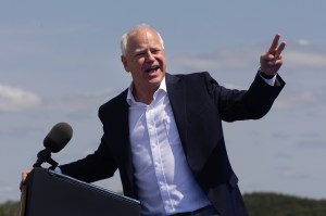 Democratic vice presidential candidate, Minnesota Gov. Tim Walz speaks at a campaign rally where he appeared with his running mate Vice President Kamala Harris on August 7, 2024 in Eau Claire, Wisconsin. Later today they are scheduled to host a rally in Michigan.