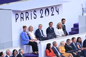 President of France Emmanuel Macron, his wife Brigitte Macron and Thomas Bach, President of IOC attends the Closing Ceremony of the Olympic Games Paris 2024 at Stade de France on August 11, 2024 in Paris, France.