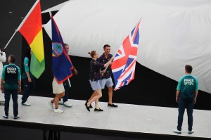 Great Britain flag bearers Alex Yee and Bryony Page during the closing ceremony of the 2024 Paris Olympic Games, at the Stade de France, Paris. Picture date: Sunday August 11, 2024.