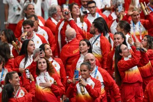 Spain's athletes take part in the athletes parade during the closing ceremony of the Paris 2024 Olympic Games at the Stade de France, in Saint-Denis, in the outskirts of Paris, on August 11, 2024.
