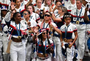 Tara Davis-Woodhall of Team United States during the closing ceremony of the 2024 Paris Summer Olympic Games at Stade de France in Paris, France.