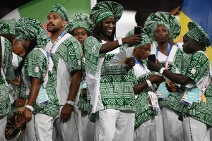 Nigeria's athletes celebrate during the closing ceremony of the Paris 2024 Olympic Games at the Stade de France, in Saint-Denis, in the outskirts of Paris, on August 11, 2024. (Photo by Oli SCARFF / AFP) (Photo by OLI SCARFF/AFP via Getty Images)