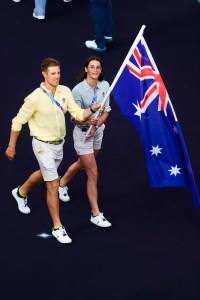Australian flag bearers Kaylee McKeown and Matt Wearn arrive in the stadium during the Closing Ceremony Paris 2024 Olympic Games  at the Stade de France on August 11, 2024 in Paris, France.