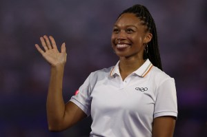 US' athlete Allyson Felix waves as she is presented by Paris 2024 Olympians as a new member of the IOC Athletes' Commission during the closing ceremony of the Paris 2024 Olympic Games at the Stade de France, in Saint-Denis, in the outskirts of Paris, on August 11, 2024.
