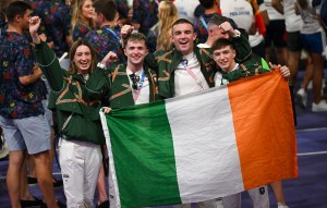 Team Ireland athletes, from left, Ciara McGing, Dean Clancy, Jack Marley and Jude Gallagher during the closing ceremony of the 2024 Paris Summer Olympic Games at Stade de France in Paris, France.