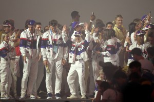USA team athletes dance during the closing ceremony of the Paris 2024 Olympic Games at the Stade de France, in Saint-Denis, in the outskirts of Paris, on August 11, 2024.