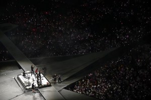 An overview shows French rock band Phoenix in Celine performing during the closing ceremony of the Paris 2024 Olympic Games at the Stade de France, in Saint-Denis, in the outskirts of Paris, on August 11, 2024.