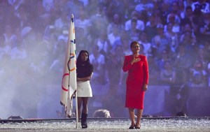 Karen Bass, Mayor of Los Angeles, and Simone Biles of Team United States during the closing ceremony of the 2024 Paris Summer Olympic Games at Stade de France in Paris, France.