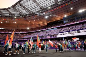 A general view as flagbearers enter the State de France during the Closing Ceremony of the Olympic Games Paris 2024 at Stade de France on August 11, 2024 in Paris, France.