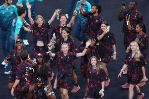 Athletes of Team Canada acknowledge the crowd during the Closing Ceremony of the Olympic Games Paris 2024 at Stade de France on August 11, 2024 in Paris, France.