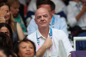 Gianni Infantino, President of FIFA, looks on during the Closing Ceremony of the Olympic Games Paris 2024 at Stade de France on August 11, 2024 in Paris, France.