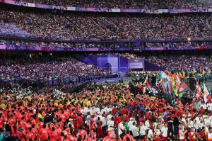 Athletes of various nations gather inside the Stade de France during the Closing Ceremony of the Olympic Games Paris 2024 at Stade de France on August 11, 2024 in Paris, France.
