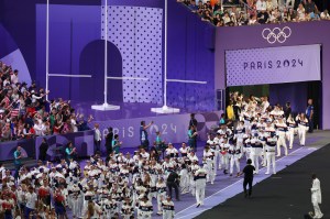 Athletes of Team United States arrive inside the stadium during the Closing Ceremony of the Olympic Games Paris 2024 at Stade de France on August 11, 2024 in Paris, France.