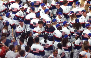 Flagbearer Katie Ledecky poses with athletes from Team United States during the Closing Ceremony of the Olympic Games Paris 2024 at Stade de France on August 11, 2024 in Paris, France.