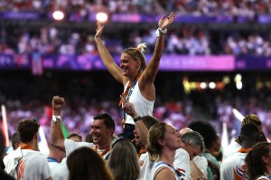 Gold Medallist Sharon van Rouwendaal of Team Netherlands celebrates during the Closing Ceremony of the Olympic Games Paris 2024 at Stade de France on August 11, 2024 in Paris, France.