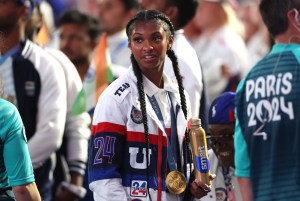 Gold medalist Masai Russell of Team United States looks on during the Closing Ceremony of the Olympic Games Paris 2024 at Stade de France on August 11, 2024 in Paris, France.
