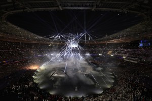 A general view of the inside of the stadium as a Light show takes place during the Closing Ceremony of the Olympic Games Paris 2024 at Stade de France on August 11, 2024 in Paris, France.