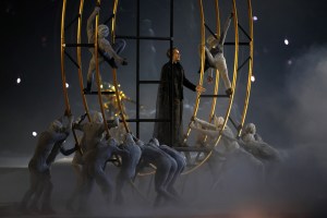 French Opera Singer Benjamin Bernheim performs Hymn To Apollo alongside dancers during the Closing Ceremony of the Olympic Games Paris 2024 at Stade de France on August 11, 2024 in Paris, France.