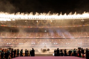A general view inside the stadium as a pyrotechnics display takes place after the Olympic Rings are assembled during the Closing Ceremony of the Olympic Games Paris 2024 at Stade de France on August 11, 2024 in Paris, France.