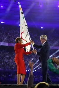 Thomas Bach, President of International Olympic Committee, passes the Olympic flag to Karen Bass, Mayor of Los Angeles, during the Closing Ceremony of the Olympic Games Paris 2024 at Stade de France on August 11, 2024 in Paris, France. during the Closing Ceremony of the Olympic Games Paris 2024 at Stade de France on August 11, 2024 in Paris, France.