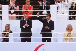 Emmanuel Macron, President of the French Republic and wife Brigitte Macron with Andrew Parsons, President of the International Paralympics Committee during the opening ceremony of the Paris 2024 Olympic Games at the Place de la Concorde. Picture date: Wednesday August 28, 2024.