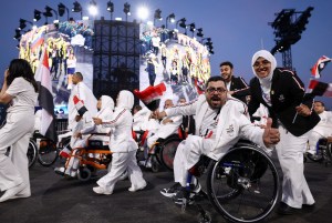 Egypt's delegation parades at the Place de la Concorde during the Paris 2024 Paralympic Games Opening Ceremony in Paris on August 28, 2024.