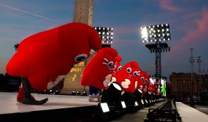 The Paralympic mascot the Phryge perform in front of the Obelisque de Louxor (Luxor Obelisk) at the Place de la Concorde during the Paris 2024 Paralympic Games Opening Ceremony in Paris on August 28, 2024.