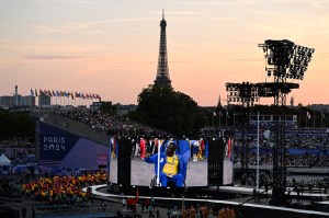 Athletes arrive during the Parade of Nations as part of the Paris 2024 Paralympic Games Opening Ceremony at the Place de la Concorde with the Eiffel Tower in the back in Paris on August 28, 2024.