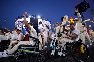 Spain's delegation parades at the Place de la Concorde during the Paris 2024 Paralympic Games Opening Ceremony in Paris on August 28, 2024.