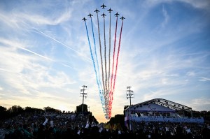 French Air Force Elite acrobatic flying team "Patrouille de France" performs over the Place de la Concorde during the Paris 2024 Paralympic Games Opening Ceremony in Paris on August 28, 2024.
