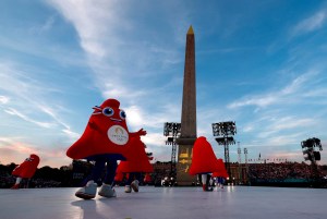 The Paralympic mascot the Phryge perform in front of the Obelisque de Louxor (Luxor Obelisk) at the Place de la Concorde during the Paris 2024 Paralympic Games Opening Ceremony in Paris on August 28, 2024.